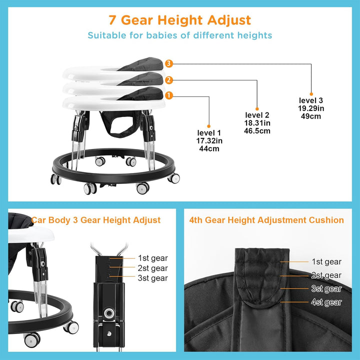Baby Walker with Wheels, One-Touch Folding Anti-Roll 8-Wheel Baby Walkers, 7-Speed Height Adjustment with Large Dinner Plate and Brake 6-18 Months Baby Walker, Black
