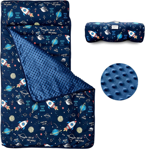 Toddler Nap Mat, Rollup Design Kid Sleeping Mat with Removable Pillow & Minky Blanket, Toddler Sleeping Bag for Daycare Preschool Travel Camping