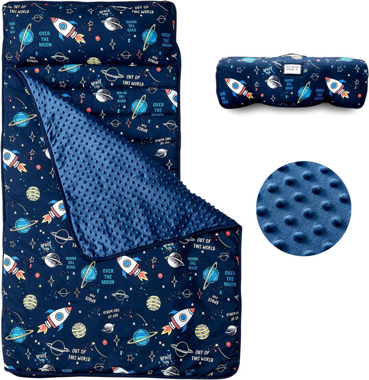 Toddler Nap Mat, Rollup Design Kid Sleeping Mat with Removable Pillow & Minky Blanket, Toddler Sleeping Bag for Daycare Preschool Travel Camping