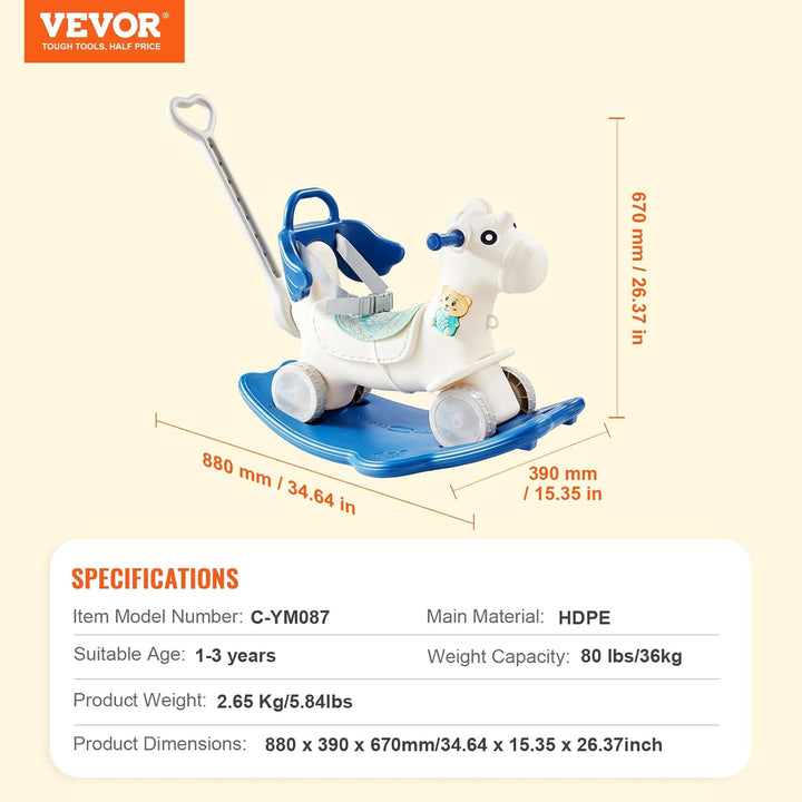 4 in 1 Rocking Horse for Toddlers 1-3 Years, Baby Rocking Horse with Detachable Balance Board, Push Handle and 4 Smooth Wheels, Support up to HDPE 80 Lbs Kids Ride on Toy with Sound, Blue