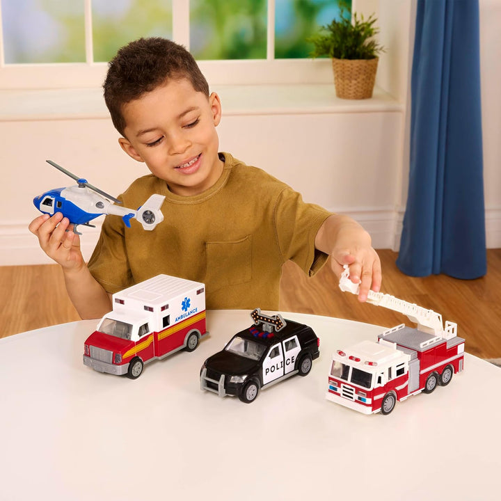 – 4-Pack of 7 Construction & Utility Toy Trucks – Includes Cement Mixer, Telehandler, Garbage, Tow & Fire Truck – Lights & Sounds – Ages 3+