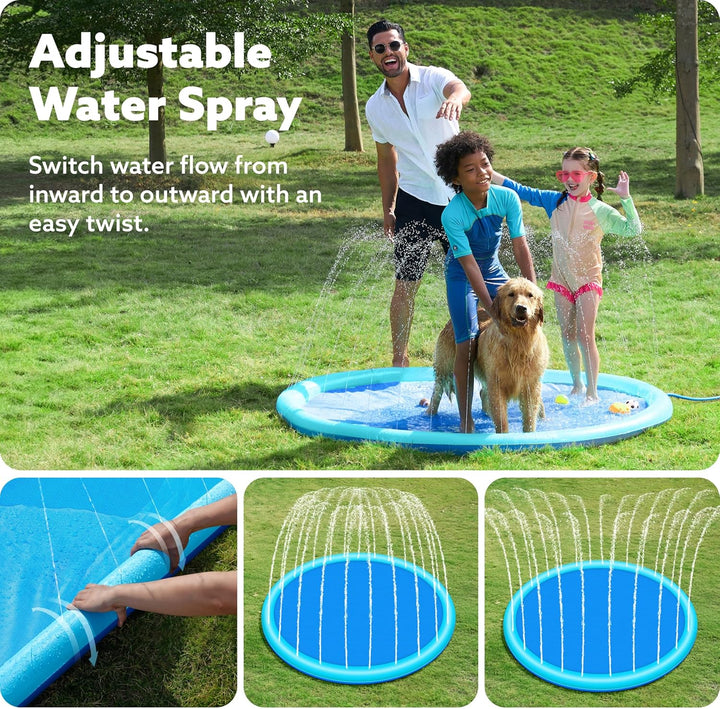 72" Non-Slip Splash Pad Sprinkler - Outdoor Water Toys Play Mat for Toddlers Kids Dogs, outside Thickened Sprinkler Pool Party Durable Backyard Fountain for Girls Boys Pets (72In, Blue)