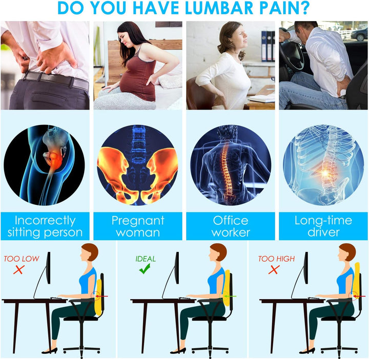 Lumbar Support Pillow for Office Chair Car Back Support Pillow, Memory Foam Gaming Chair Desk Chair Back Cushion for Lower Back Pain Relief, Ergonomic Back Rest with Double Adjustable Straps