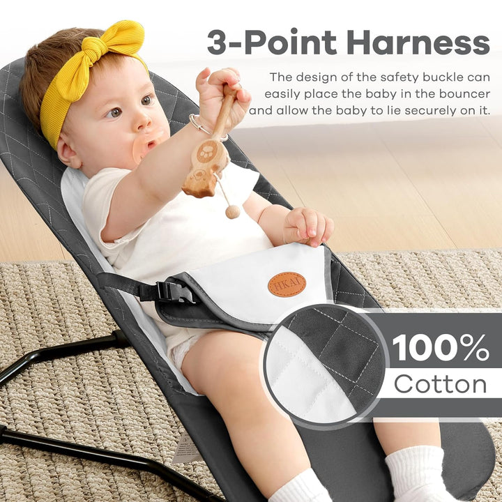 Baby Bouncer, Portable Baby Bouncer Seat for Babies 0-18 Months, 100% Cotton Fabrics, 3 Modes of Use with Rocker and Stationary Options, Infant Rocker Chair with Hanging Toys-Dark Grey