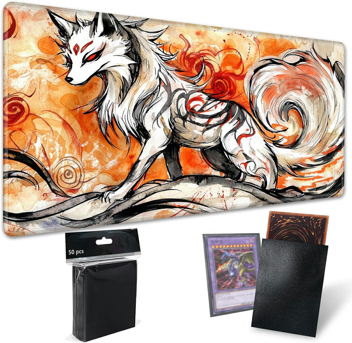 TCG Playmat Board Game Mat plus 50 Pcs Card Sleeves, 24 X 14 Table Mats Game Mousepad with Soft Surface Non-Slip Base for MTG RPG CCG Trading Card Game Playmats, Green Frog