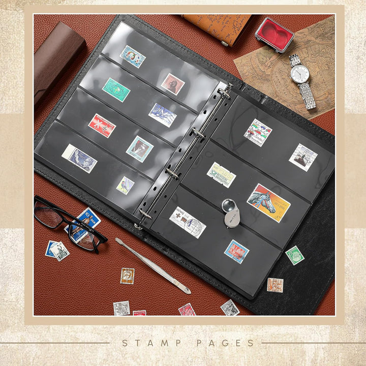 Stamp Collecting Albums Set Stamp Collection Book Include 20 Pages Album Binder Tweezer and Loop Magnifier Collecting Supplies for Collectors(Black,1/2/3/4 Rows)