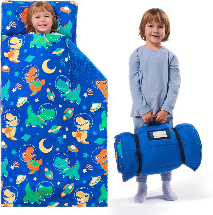 Toddler Nap Mat for Preschool 55''X30'' Sleeping Mat with Removable Pillow and Minky Blanket for Kids Ages 3-7 Roll up Soft Kids Sleeping Bag for Boys Girls Kindergarten Daycare Sleepover