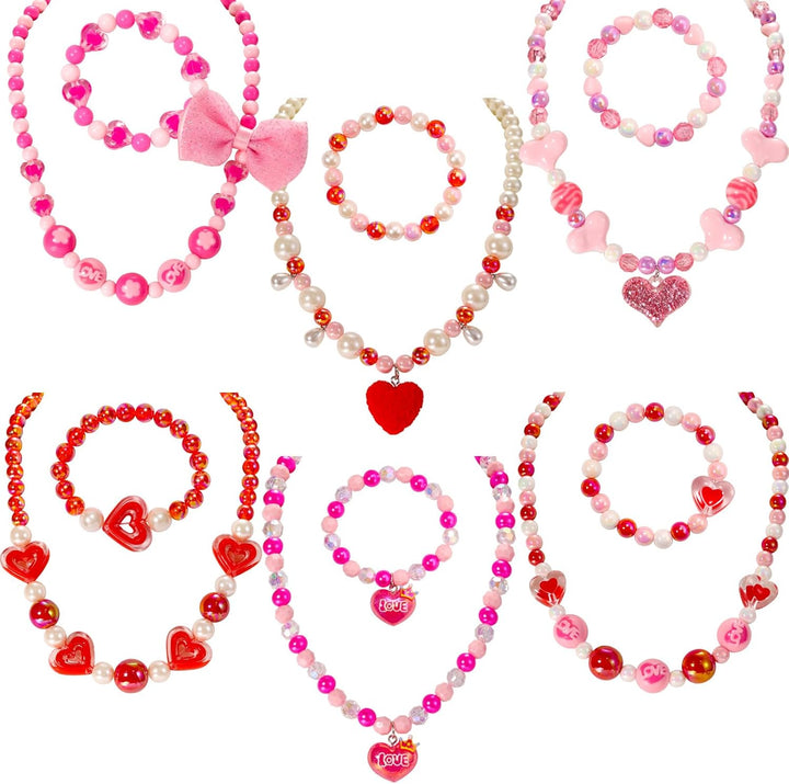 Kids Classic Jewelry, 6 Sets of Beaded Necklaces and Bracelets for Girls, Favors Bags for Girls Jewelry (Classic)