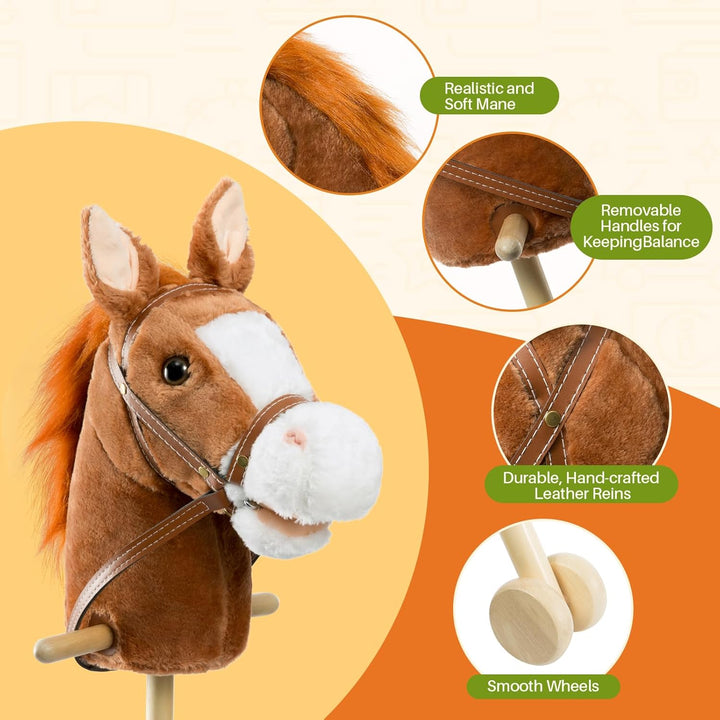 Stick Horse Plush Handcrafted Hobby Horse on a Stick with Wood Wheels Real Pony Neighing and Galloping Sounds for Kids Toddlers Dark Brown 36 Inches(Aa Batteries Required)