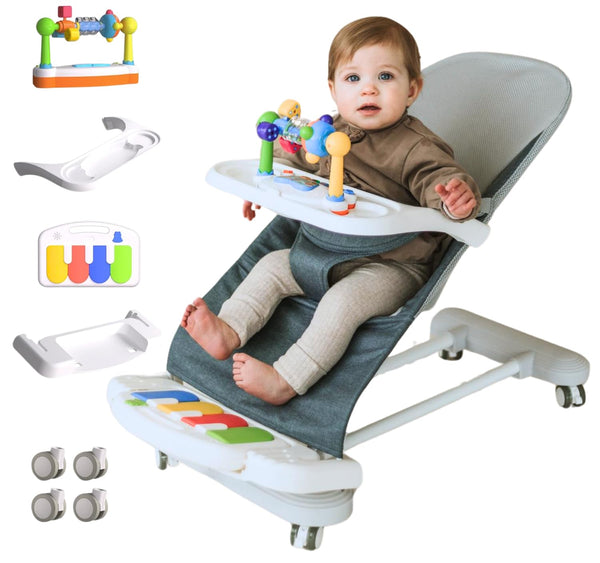 Cuddobaby Baby Bouncer 4-In-1 with Wheels, Detachable Piano, Feeding Tray, Play Bar, Thick Base. 3-Level Incline Portable Seat for Infant to Toddler 0-6, 0-12, 12-24 Months, Upto 29Lbs - Blue