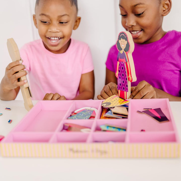 Abby and Emma Deluxe Magnetic Wooden Dress-Up Dolls Play Set (55+ Pcs) Magnetic Paper Dolls for Kids Ages 3+