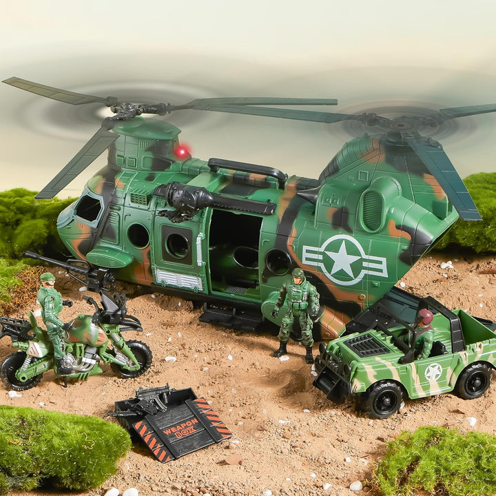 10-In-1 Military Helicopter Toys Set with Light, Sound, Trucks, Boat, Bike, Army Men, Weapons - Christmas Birthday Party Gifts for Kids