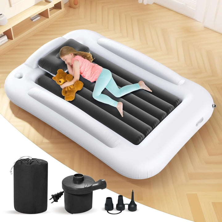 Inflatable Toddler Travel Bed - 60 Inches Portable Toddler Bed for Travel with Safety Sides - Cozy Kids Air Mattress Set with High-Speed Pump & Carry Case - Lightweight & Easy to Inflate -Blue