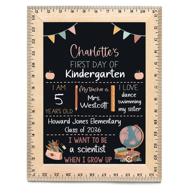 Bloom Owl First Day of School Chalkboard Sign - 11.5"X15" Reusable Back to School Photo Prop with Wooden Ruler Frame for Preschool, Kindergarten, and Beyond
