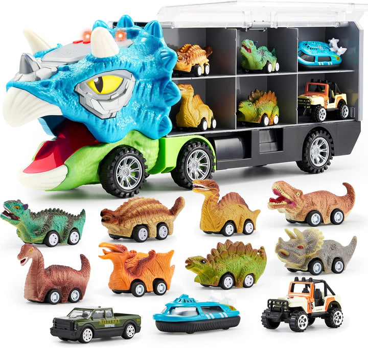 13 in 1 Dinosaur Toys for Kids 3-5, Dinosaur Truck with 12 Pull Back Cars, Small Cars Set, Birthday Gifts Toys for 3 4 5+ Year Old Boy, Transport Carrier Truck for Toddlers 3-4 Years