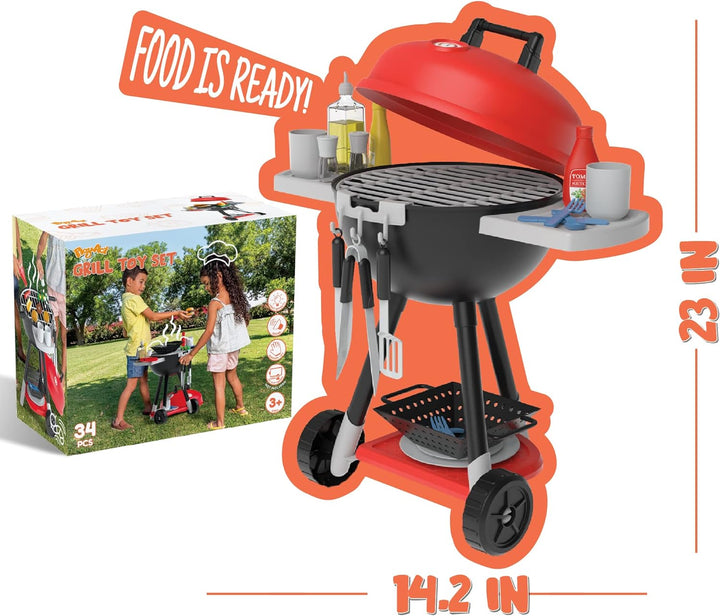 34 PCS Kitchen Toy Set, BBQ Play Grill, Cooking Toy Set, Little Chef Play, Kids Grill Playset Interactive BBQ for Kids with Light & Sound, Birthday Gift for Boys Girls