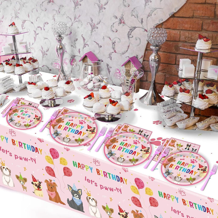 98Pcs Dog Birthday Party Decorations Puppy Tableware Set Plates Napkins Pink Dog Theme Tablecloth for Girls Birthday Lets Pawty Party Supplies Kit Pet Dog Table Cover Dinnerware Paw Print Party Favors