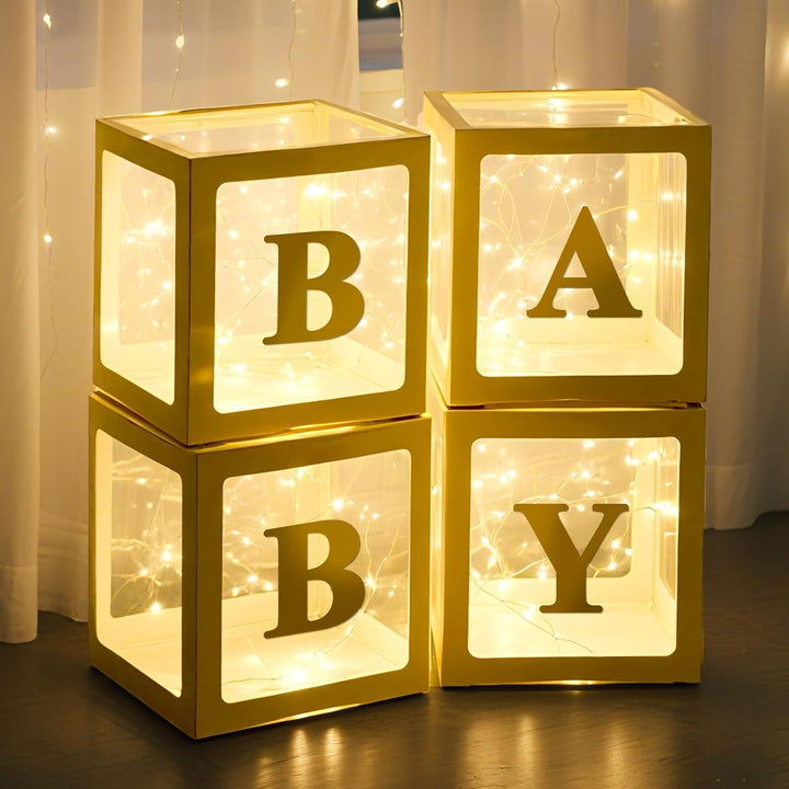 Baby Boxes with Letters for Baby Shower Decorations, 4 Pcs Clear Baby Balloon Boxes Blocks Decor with LED Fairy String Lights for Boy Girl Gender Reveal Decorations Backdrop Party (White)