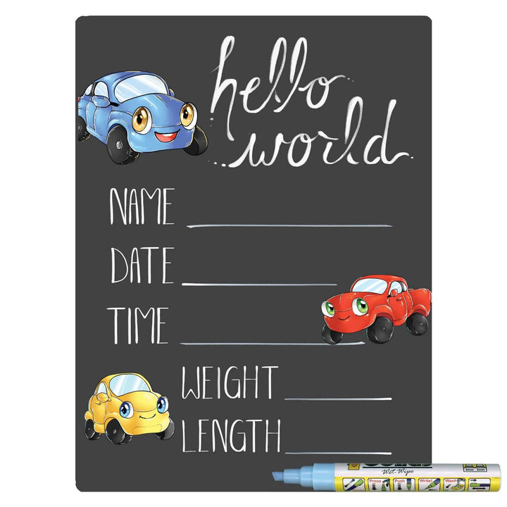 Hello World Newborn Baby Announcement Chalkboard Sign with Automobile Theme, 12 by 16 Inches, No Marker