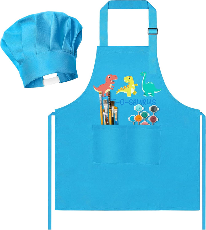 2 Pcs Kid Apron and Chef Hat Set, Adjustable Children Blue Kitchen Apron Cooking Baking Painting and Training Kits Dress up Role Play Chef Toy Kid Funny Cooking Gift New Year
