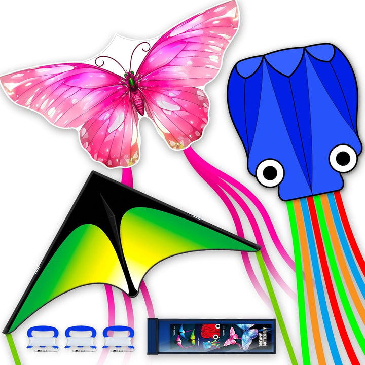 3 Piece Set Butterfly Delta Octopus Kites for Kids and Adults，Easy to Fly for Outdoor Adults Children Line Kite for Kids Toy (Gradient Grassland Rainbow+Octopus Red+Blue Dreamy Butterfly, 3)