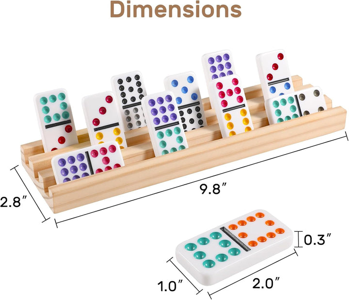 Mexican Train Dominoes Set with 4 Wooden Trays/Racks, Double 12 Dominos Travel Set with 4 Domino Tiles Holders, 91 Tiles Double 12 Colored Dominoes Game Set with Portable Case for Families Kids