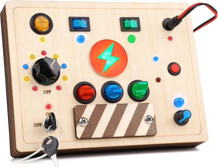 Montessori Busy Board Wooden Sensory Toys for Toddler with LED Light up Switch, Baby Fidget Board Travel Toys for 18+ Months, 1 2 3 Year Old Boys Girls Toddler Toy Gifts (Classic)