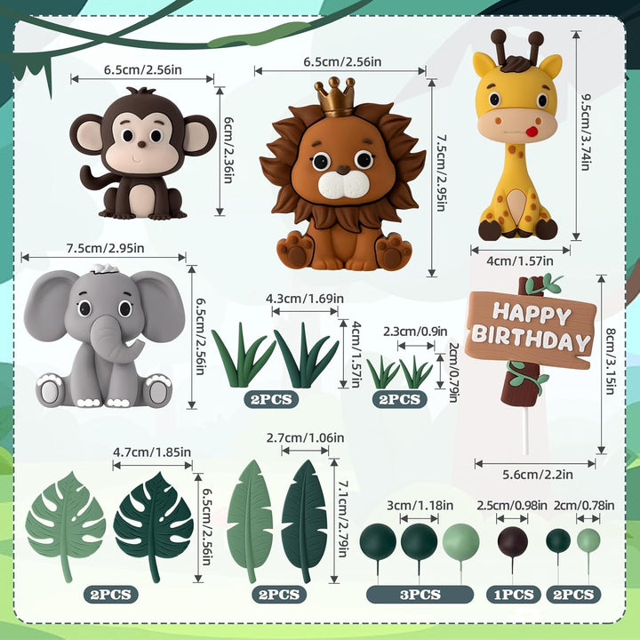 19Pcs Safari Animal Cake Topper - Jungle Wild Cake Toppers with Leaves Balls Cake Decorations for Safari Animals Themed Birthday Party Decorations (Safari Animal Style)