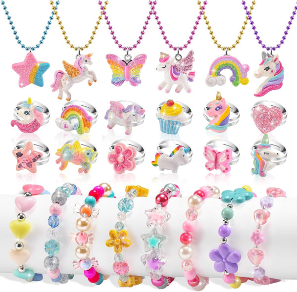 Kids Jewelry for Girls 4-6, Little Girls Play Jewelry Set for Toddlers Age 3-5 6-8, Childrens Princess Costume Dress up Necklace Bracelets Rings, Unicorn Birthday Gifts for 3 4 5 7 6 8 Year Old