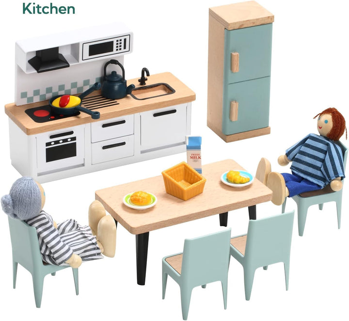 36Pcs Wooden Dollhouse Furniture Set 5 Rooms with 4 Family Dolls, Wood and Plastic Blue Dollhouse Accessories, Pretend Play Furniture Toys Christmas Birthday Gift for Boys Girls & Kids Toddlers 3Y+