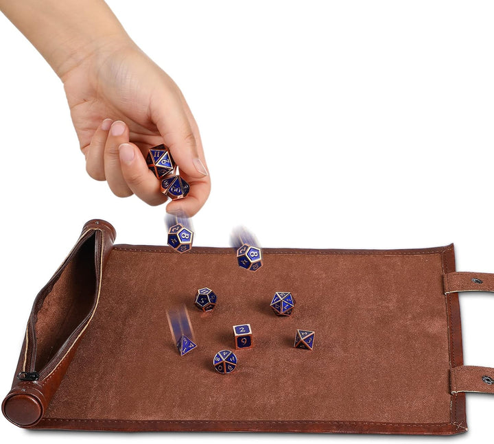 Dice Mat Tray Rolling Mat with Zipper PU Leather Folding Scroll Dice Bag Holder Table Christmas Game Accessories(Brown, Black,2 Pieces)