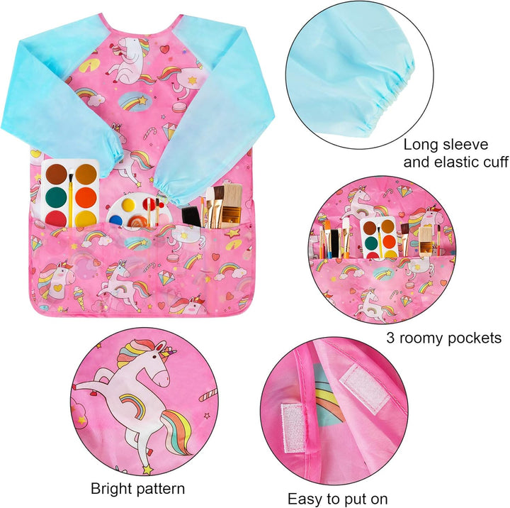 Smocks for Kids, Toddler Art Smock Artist Painting Aprons Waterproof Long Sleeve with 3 Pockets for Age 2-6 Years