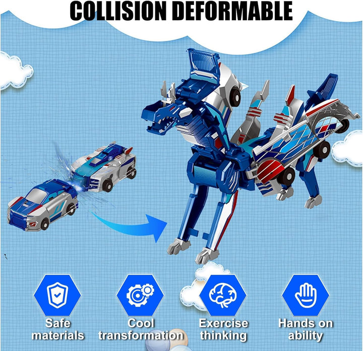 Dinosaur Transforming Car Toy, Magnetic Cars Transform into Dinosaurs,Fun - Collision Transformation Car Toys for Boys & Girls|Party Favors Gift for Birthday, Christmas (Blue)