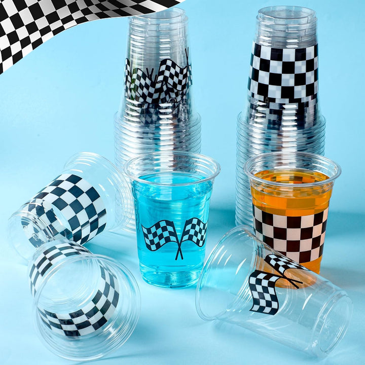 50 Pcs Checkered Racing Party Plastic Cups 16 Oz White Black Checkered Flag Clear Cup Disposable Race Car Drinking Cups for Race Car Sports Themed Birthday Party Favors Supplies