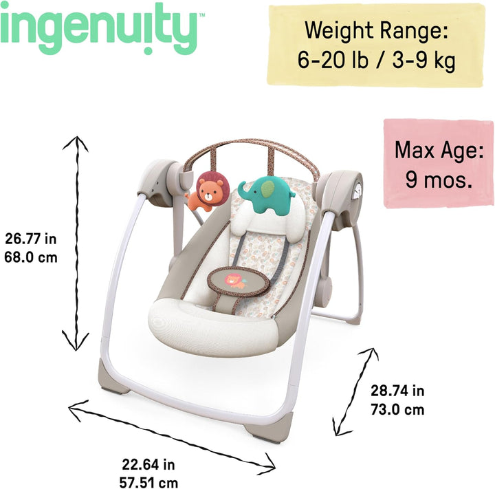 Soothe 'N Delight Compact Portable 6-Speed Plush Baby Swing with Music, Folds Easy, 0-9 Months 6-20 Lbs (Cozy Kingdom)