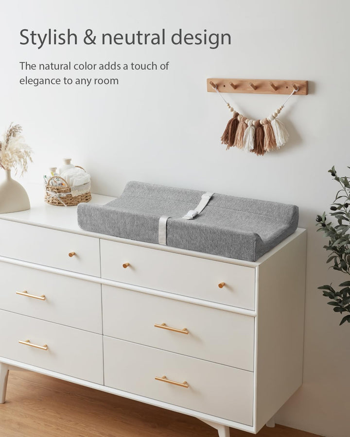 Baby Changing Pad with Waterproof Lining Foam, Includes a Soft & Washable Cover, Contoured Changing Table Pads for Dresser Top with Non-Slip Bottom, 32”×16” (Grey, Rectangular)