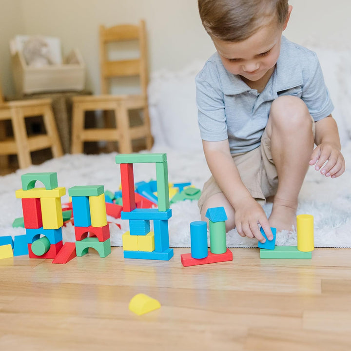 Wooden Building Blocks Set - 100 Blocks in 4 Colors and 9 Shapes - FSC Certified