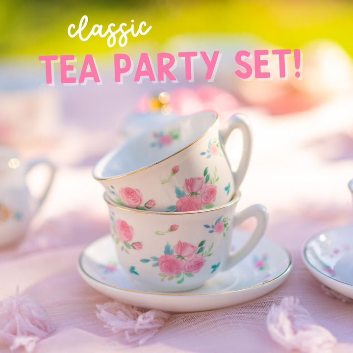 Porcelain Tea Set for Girls - White & Floral Tea Party Set for Kids I Complete Children Tea Sets with Carry Case, Teapot, Cups and More, Birthday Gift for Little Girls & Toddlers