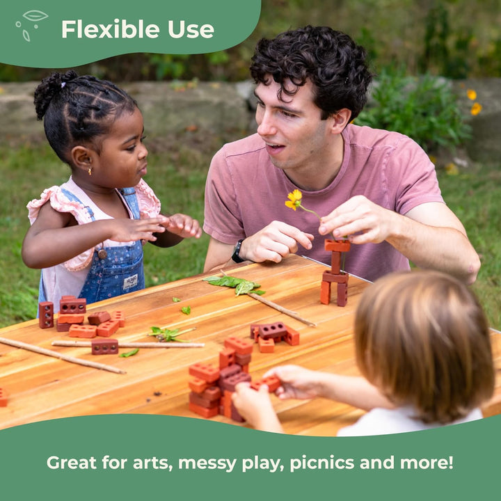 Acadia Outdoor Art Table and Stool Set: Kids Acacia Wood Arts and Crafts Table W/ 2 Chairs, Mobile Storage Paper Roll, and Paint Cups for Drawing, Painting and Toddler Picnic Activities
