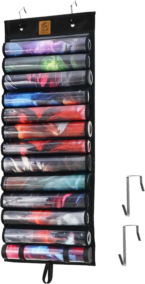 Playmat Holder, Playmat Tube Storage Bag for MTG with 2 Hooks, Fits 12+1 Card Game Playmats with Transparent Plastic Slots, Portable Organizer Rack for TCG/RPG Mat (12 Tubes, Black)