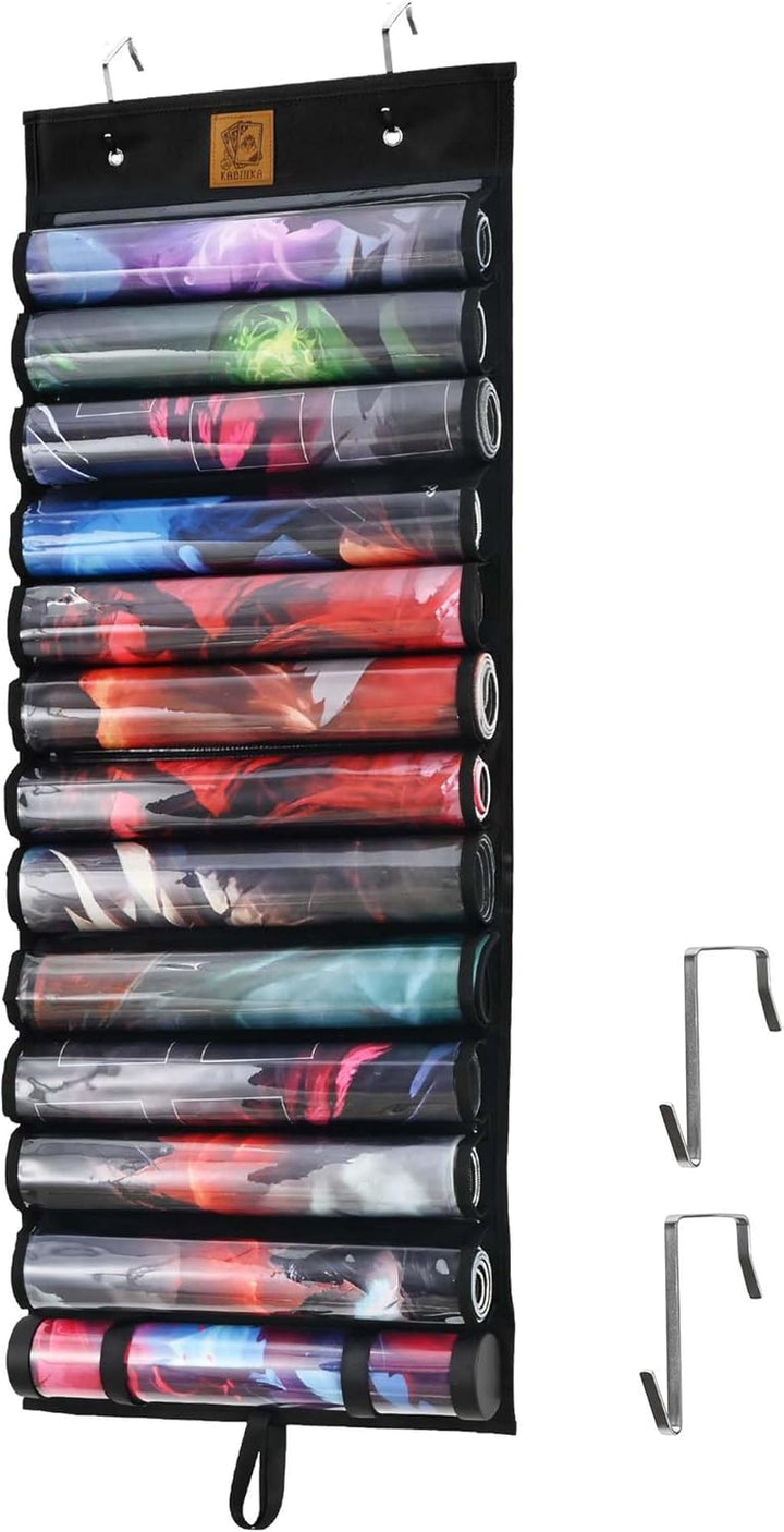 Playmat Holder, Playmat Tube Storage Bag for MTG with 2 Hooks, Fits 12+1 Card Game Playmats with Transparent Plastic Slots, Portable Organizer Rack for TCG/RPG Mat (12 Tubes, Black)