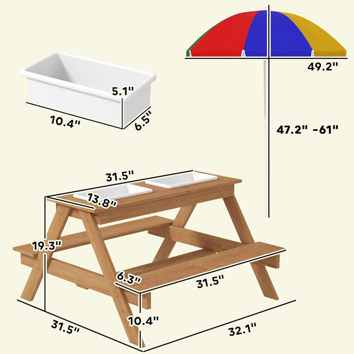 Kids Picnic Table, Wooden Outdoor Table & Bench Set with Removable Umbrella, Children Sand and Water Activity Table for Patio, Backyard, Gift for Boys Girls, Mixed Color