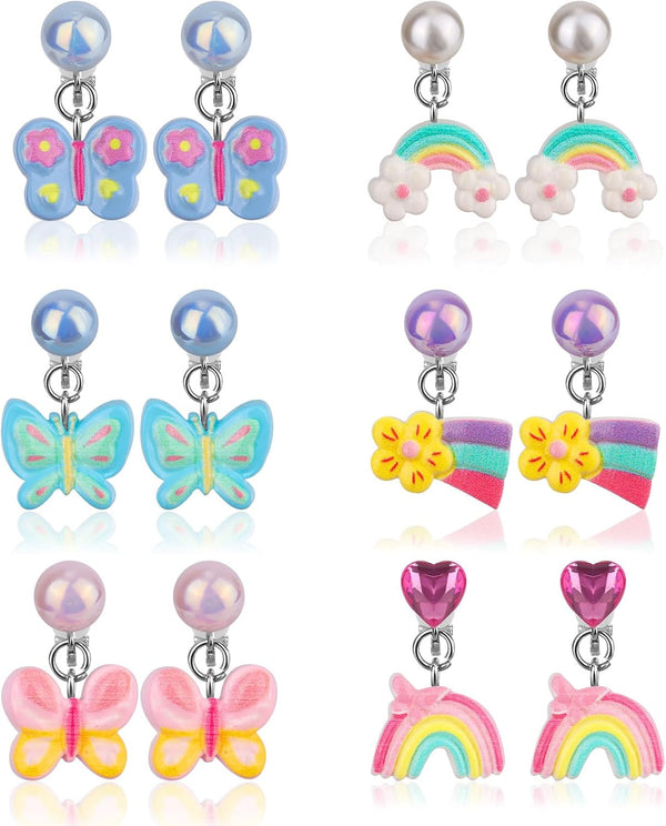 6 Pairs Colorful Clip on Drop Earrings Set, Resin No Pierced Design Kids Child Dangle Earrings Cute Butterfly Ear Clips for Children Toddler Party Daily Wearing Princess Jewelry