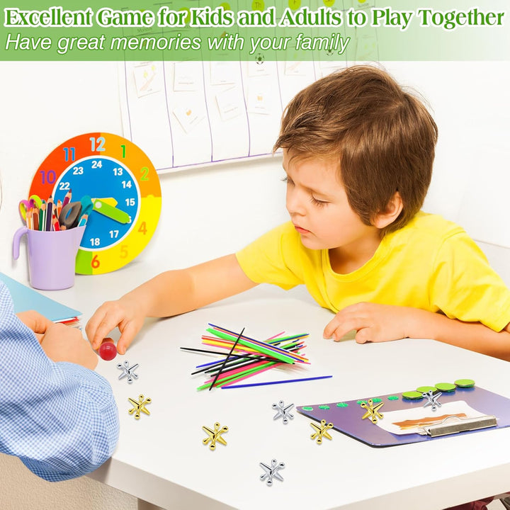 3 Sets Jacks Game and Pick up Sticks, 180 Pcs Sticks and 30 Pcs Metal Jax with 3 Pcs Red Rubber Balls, Classic Pick up Sticks Game for Kids Adults Family