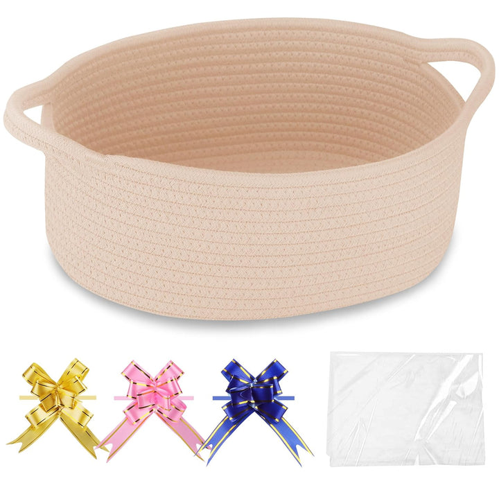 Small Woven Basket with Gift Bags and Ribbons, Gift Basket Empty, Cotton Rope Storage Organizer, Baby Toy Box with Handles, 12" X 8" X 5", Light Pink