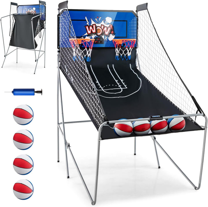 Arcade Basketball Game Indoor Foldable with 8 Game Modes, Arcade Sound, 4 Balls and Inflation Pump, Electronic Basketball Games for All Ages Home