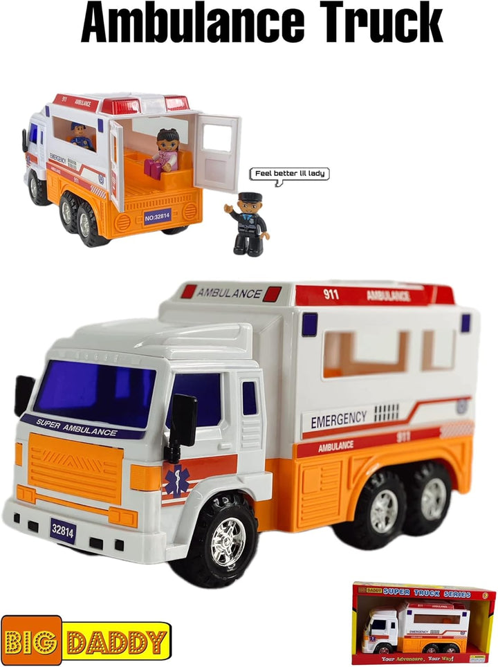 Big-Daddy Meduim Duty Friction Powered 911 Ambulance Toy Truck with Open and Close Back Doors for More Fun Play Time