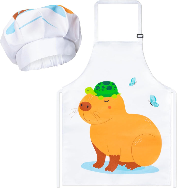 2 Pcs Kid Apron and Chef Hat Set, Adjustable Children Blue Kitchen Apron Cooking Baking Painting and Training Kits Dress up Role Play Chef Toy Kid Funny Cooking Gift New Year