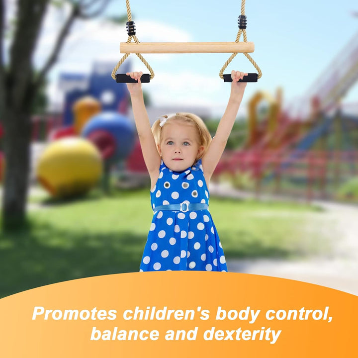 Wooden Trapeze Swing Bar with Gym Rings for Children'S Swing Set Indoor Outdoor Garden,Yard,Playground