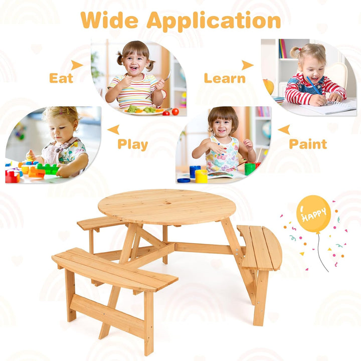 6 Person Kids Picnic Table, Fir Wood round Picnic Table with 3 Built-In Benches, Umbrella Hole, Kids Table and Chair Set for Outdoors, Backyard, Garden, Porch, Patio